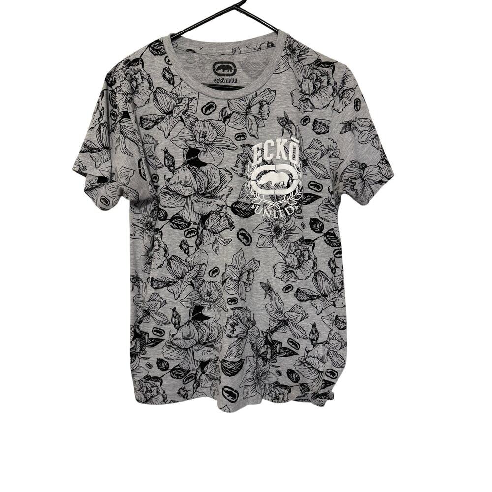 Ecko Unltd T-Shirt M Gray Floral All Over Print Y2K Streetwear Skate Vintage